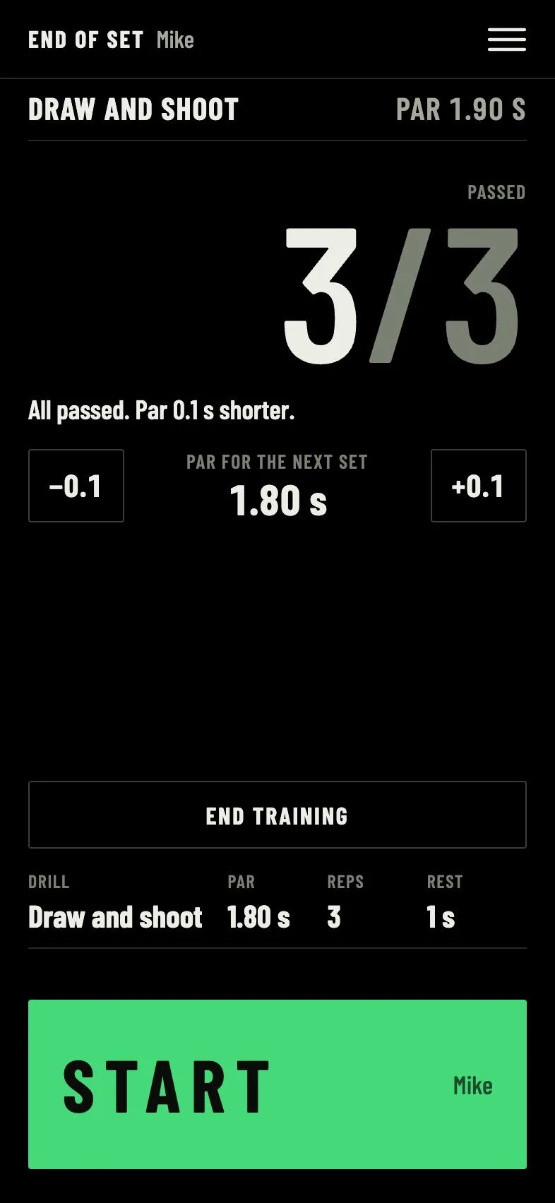 A dry fire set result. Draw and shoot, 3 of 3 passed, par for the next set 1.80 s.