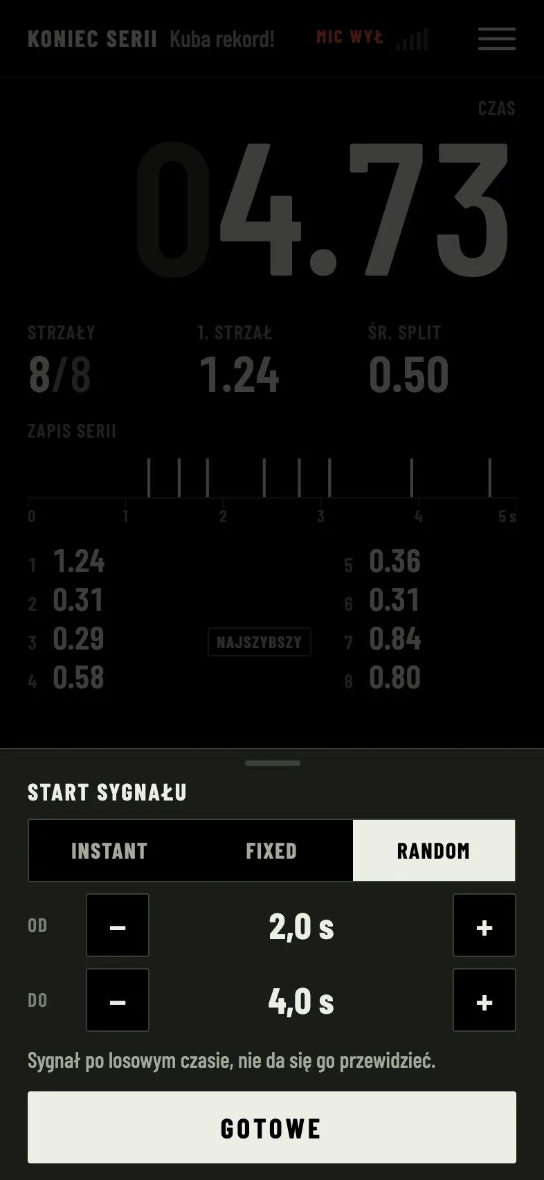 Ustawienia startu sygnału. Losowo, od 2,0 do 4,0 s.